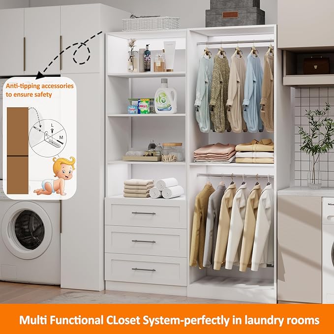 Closet System with 6 Drawers, 8FT Wood Closet Organizer System with 8 Hanging Rods&Adjustable Shevles, 81"Tall Modular Walk In Closet System, Standalone Closet System System, 4Set,White