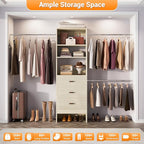 Homieasy 96 Inches Closet Organizer System, 8FT Customizable Walk In Closet Organizer with Hanging Rods, 3 Leather Handle Drawers Garment Rack, 96" L x 16" W x 75" H, Max Load 1000 LBS, White Oak