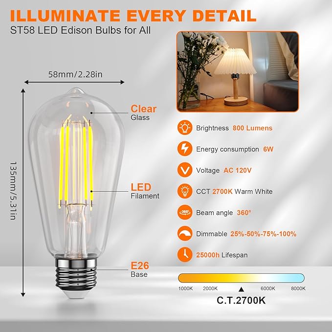 Kawaya E26 LED Edison Bulbs: 6W Equivalent 60 Watt Dimmable LED Light Bulbs - Warm Lights 2700k 800 Lumens High Brightness Filament Bulbs with 90+ CRI - Clear Glass, Pack of 20