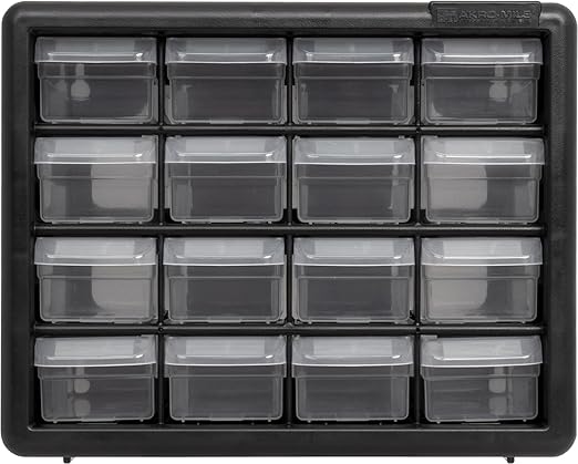 Akro-Mils 16-Drawer Plastic Drawer Storage Cabinet for Garage Organization, Beads, Makeup Organizer, Building Bricks Storage, Teacher Toolbox, 10-1/2" W x 6-1/2" D x 8-1/2" H, 10116 Black
