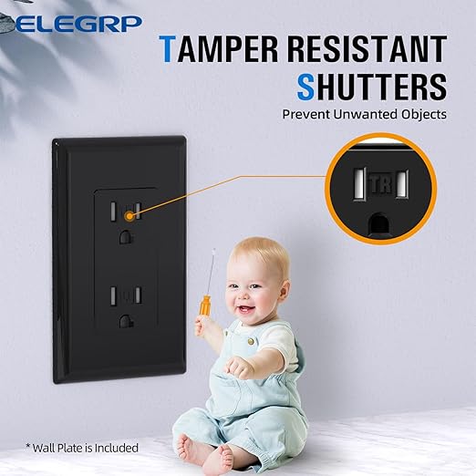 ELEGRP Decorator Wall Receptacle Outlet, Tamper Resistant 15A 125V Standard Electrical Wall Outlet, Residential Grade, Self-grounding, with Screwless Wall Plate, UL (50 Pack, Glossy Black)