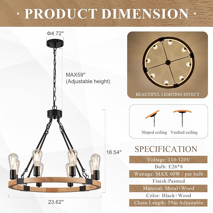 8 Lights Wooden Wagon Wheel Chandelier Natural Farmhouse 23.6'' Black Metal Light Fixtures Rustic Wood Round Chandelier for Living Dining Room Kitchen Entryway Foyer