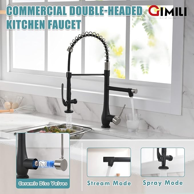 GIMILI Kitchen Faucet with Pull Down Sprayer Single Handle High Pressure Kitchen Sink Faucet Commercial Double-Headed Stainless Steel Kitchen Faucets Brushed Nickel and Black
