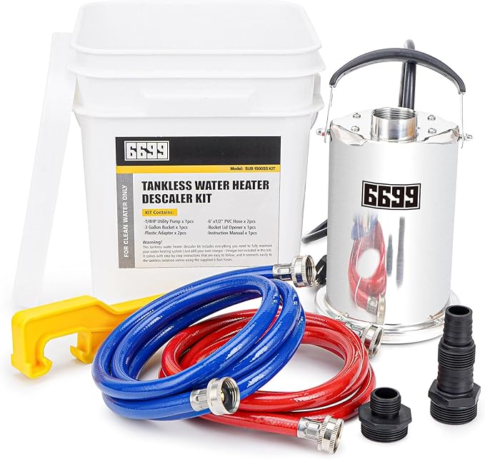 Tankless Water Heater Flushing Kit Includes 1/4HP Stainless Steel Pump with Two Adapters & 3 Gallons Pail with Bucket Lid Opener & Two 1/2” Dia X 6’ PVC Hoses with Washers