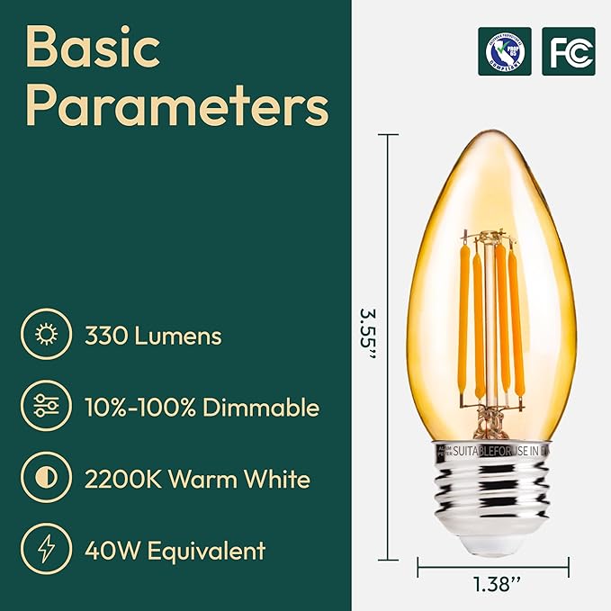 ALAMPEVER E26 LED Bulb 40 Watt, Chandelier Light Bulbs, 2200K Warm White Candelabra LED Bulbs, 24 Pack Candle Light Bulbs