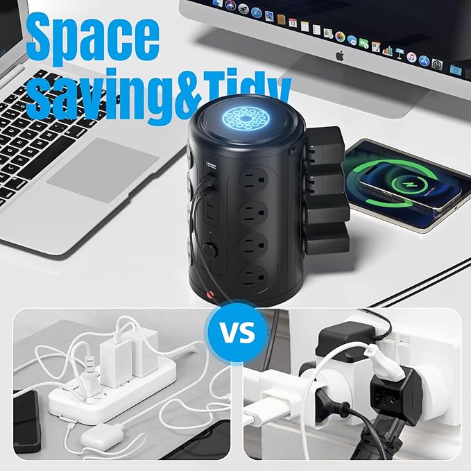 Tower Power Strip with 15W Wireless Charger, 15FT Extension Cord with Multiple Outlets, 16 AC Outlets & 5 USB (2 USB C) Charging Station Surge Protector for Office Home Dorm Room (Black)