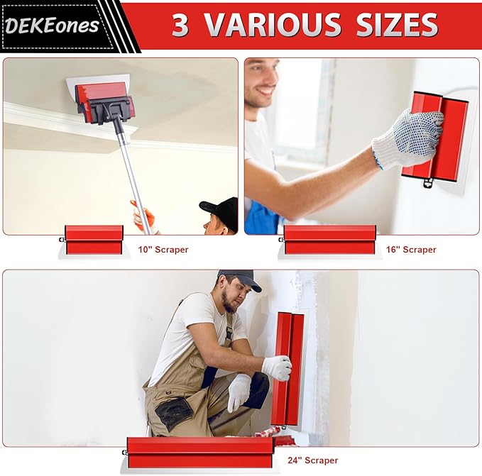 DEKEones Drywall Skimming Blade Set, Stainless Steel 10",16" & 24" Skimming Blades with 28"-62" Extension Handle Pole, Professional Drywall Skimming Tools for Smoothing Wall and Ceiling