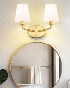 Emak 2-Light Bathroom Vanity Light, Brushed Gold Bathroom Light Fixtures Over Mirror with Flared White Fabric Shade, Modern Wall Sconce for Bath, Mirror, Hallway, VL132-BGD-WF-2