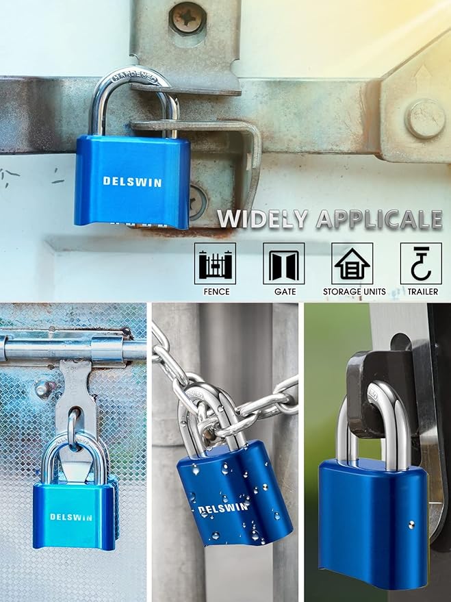 DELSWIN 4-Digit Combination Lock Outdoor Padlock - Heavy Duty Locker Lock with Hardened Steel Shackle, Waterproof Combo Lock for Gym Locker, Hasp Storage, Shed, Fence, Gate (Blue,1Pcs)