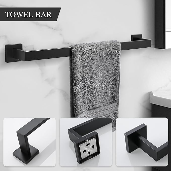 TURS Black Bathroom Towel Bar Set Square 5 Pieces Bathroom Hardware Set Matte Black Towel Holder Set Wall Mounted,SUS304 Stainless Steel, 23.6 Inch