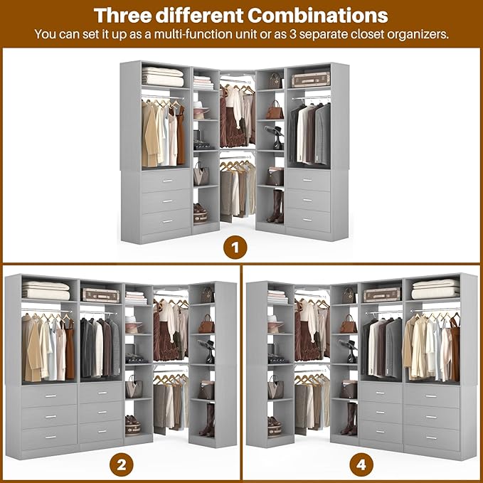 Corner Closet System with 6 Drawers, Closet Organizer System with 14 Shelves & 4 Hanging Rods, 87.2"L * 39.2"W / 63.2"L * 63.2"W Reversible L Shaped Walk-in Closets, Load 2500+LBS, Grey