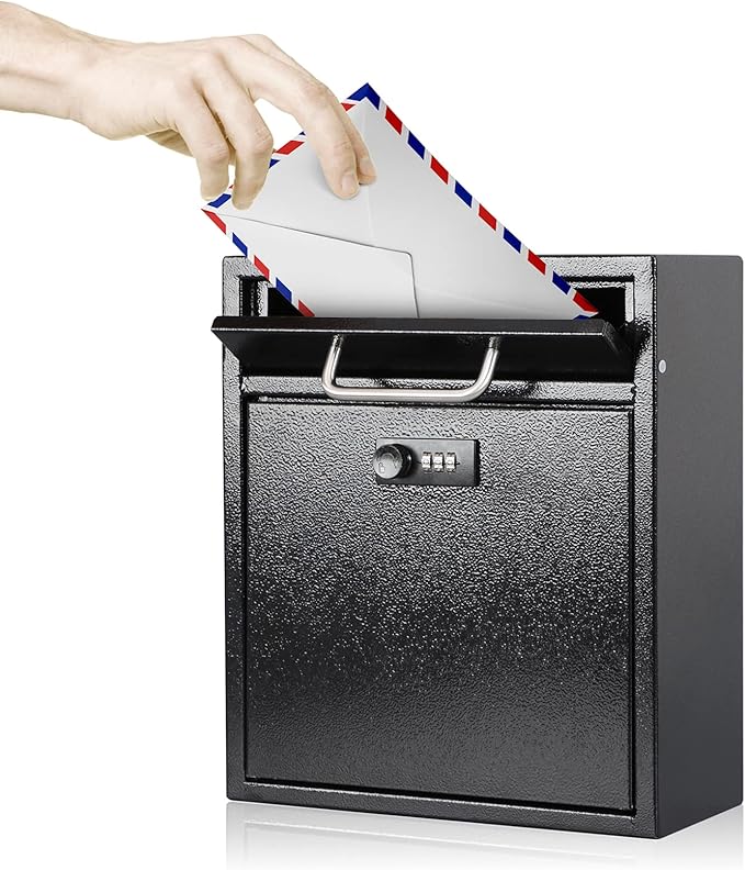 KYODOLED Steel Combination Lock Mail Boxes Outdoor, Locking Wall Mount Mailbox, Security Key Drop Box,12H x 10.51L x 4.68W Inches, Black Large