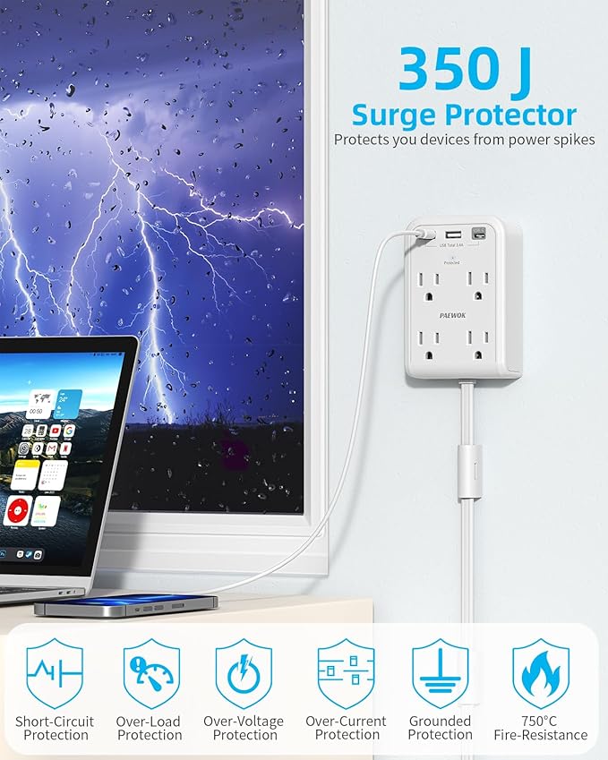 Short Power Strip 2FT - Flat Wall Extension Cord with 4AC Outlet and 3 USB Ports(1 Type C), Multi Plug Outlet Extender Small Surge Protector for Home Office Dorm, White