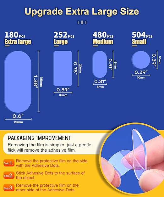 Extra Large Mounting Putty No Residue, Strong Double Sided Glue Adhesive Dots Clear Museum Sticky Tack, Picture Hanging Strips Fixed Posters Decor Craft, 0.6 x 1.38 in (180 Pcs)