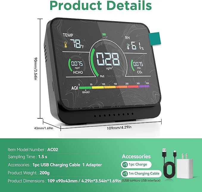 13-in-1 Air Quality Monitor Indoor with Beep Alarm, 6AQI Air Quality Detector with PM1.0 | PM2.5 | PM10 | Temp | CO2 | Formaldehyde | HUM Tester for Home Office Plant (Cool Black)