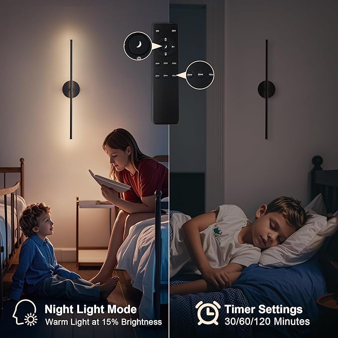 Removable Battery Operated Wall Sconces with Remote Control 350°Rotate LED Wireless Wall Lights with 3 Color Temperatures & Dimming for Bedroom, Hallway,24.4 Inch (2 Pack)