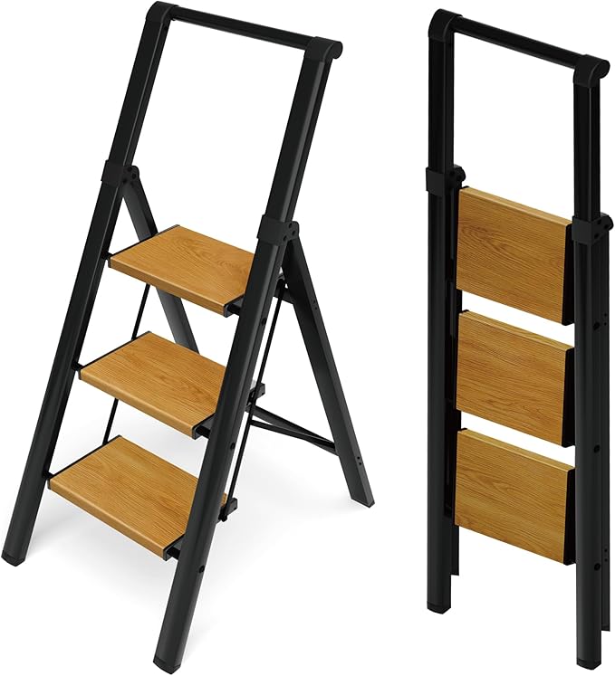HillhutApex 3 Step Foldable Aluminum Step Ladder with Handgrip, Anti-Slip Wide Pedal, 330 lbs Capacity, Lightweight & Portable for Home, Kitchen, Office (Black & Woodgrain)