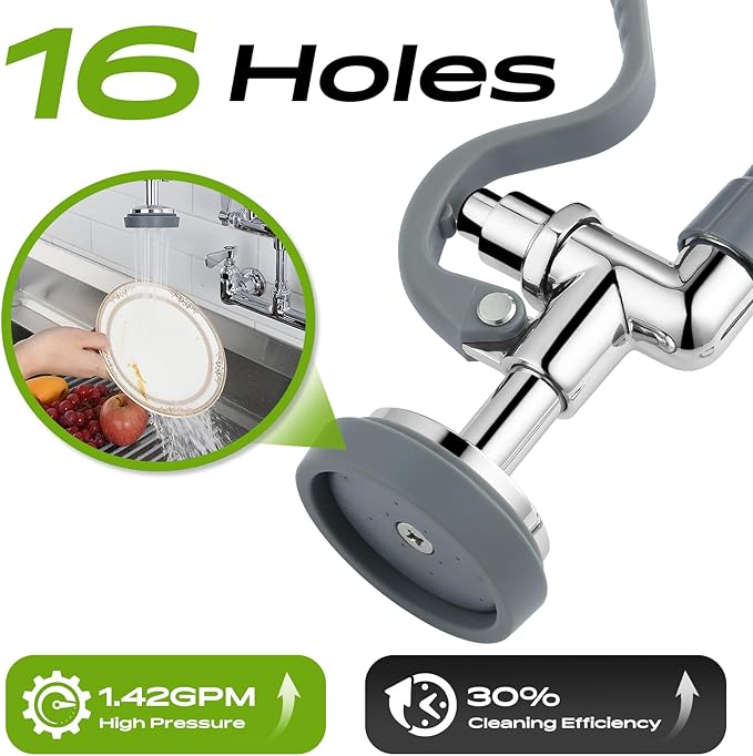 Commercial Sink Faucet with Sprayer 36" Height, 8 Inch Center Wall Mount Kitchen Sink Faucet with Down Pre-Rinse Sprayer and 12" Add-on Swing Spout