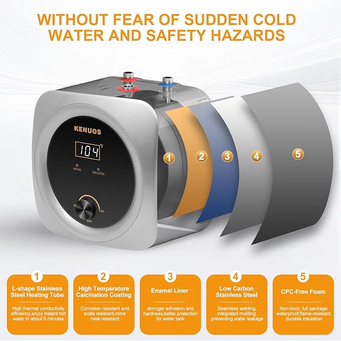 Mini Tank Water Heater Electric 2.5 Gallon Under Sink Instant Hot Water Heater with LED Dsiplay,T&P Valve,3-Way Diverter,110V 120V Point Of Use Water Heaters for Kitchen RV Bathroom Gray