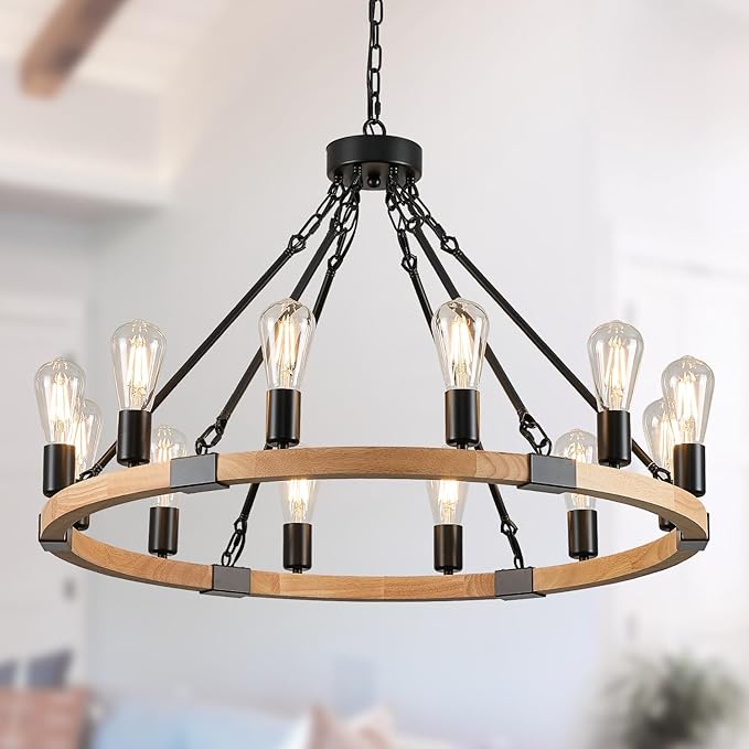 31.5'' 12 Lights Wooden Wagon Wheel Chandelier Natural Farmhouse Wood Round Chandelier Black Rustic Light Fixture for Living Dining Room Entryway Foyer Kitchen