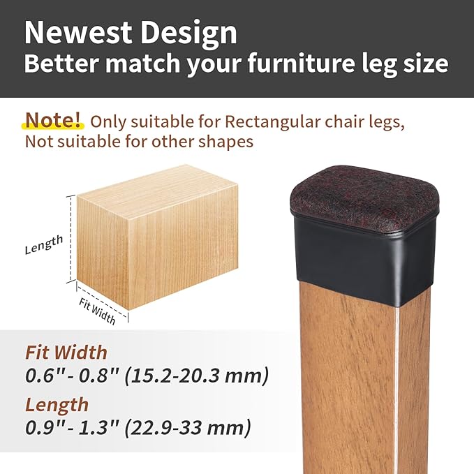 Ezprotekt 24 Pcs Rectangle Felt Chair Leg Floor Protectors for Hardwood Floors, Rectangle Silicone Furniture Pads Caps Covers for Chair Desk Table (Fit W :0.6-0.8", L: 0.9-1.3", Black)