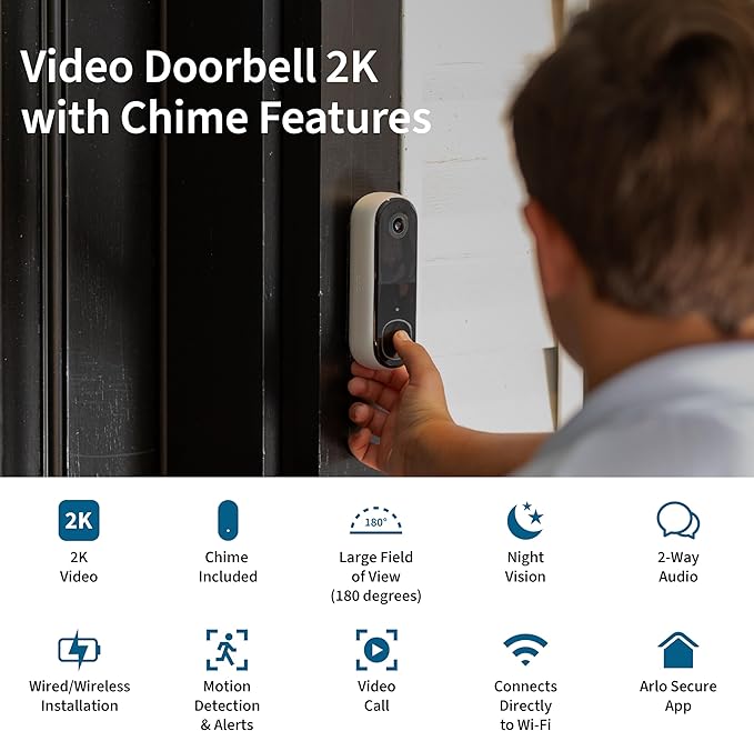Arlo Video Doorbell 2K 2nd Generation & Chime 2 Bundle, 2K Doorbell Camera, 2-Way Audio, Package Detection, Motion Detection and Alerts, Built-in Siren, Night Vision, AVDK4001-100CNS, White