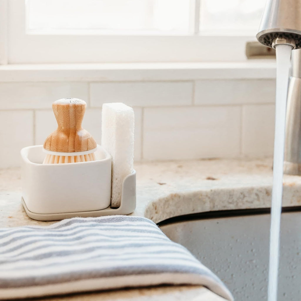 Full Circle Bubble Up Combo-Family Safe,Formaldehyde-Free-Gray Ceramic Soap Dish with Plant-Based Sponge & Bamboo Dish Brush-Versatile Kitchen Scrub Brush Set for Pots,Pans,Counter & Sink,White