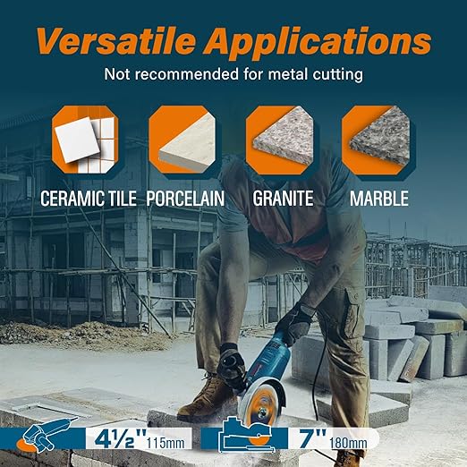 7 Inch Ultra-Thin Turbo Mesh Diamond Blade for Cutting Porcelain, Ceramic, Marble, Granite, 2 Pack for Handheld Saws and Angle Grinders, Dry and Wet Use, 7/8"-5/8" Arbor