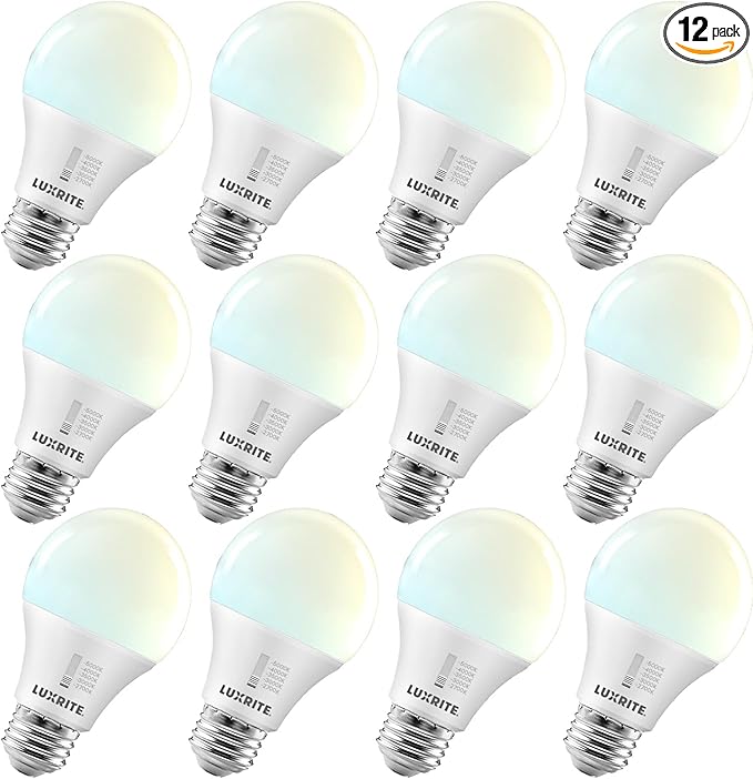 LUXRITE A19 LED Light Bulb 60 Watt Equivalent, CRI90, 5CCT 2700K 3000K 3500K 4000K 5000K, Dimmable, 800LM, Standard LED Light Bulbs 9W, E26 Base, ETL - Perfect for Lamps and Home Lighting (12 Pack)