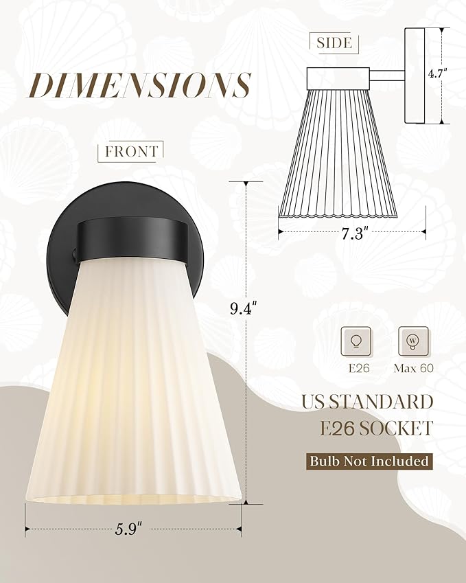 Bathroom Wall Sconce Set of Two, HWH Wall Vanity Light with Frosted White Striped Shade, Industrial Wall Lamp Matte Black for Bathroom Doorway, 5HZG97B-2PK BK