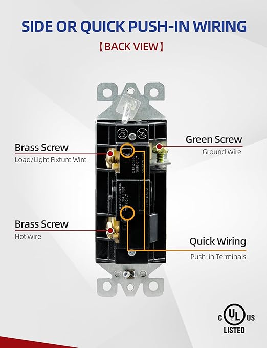 AIDA Single Pole Rocker Decora Light Switch, 15 Amp Self-grounding Electrical Light Switches, Residential Grade, UL Listed (50, Glossy Black, Without Wall Plate)