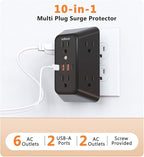 Surge Protector Outlet Extender, 6 Outlet Extender with 4 USB Charging Ports (2 USB C), 3 Sided Multi Plug Wall Adapter for Home, Office, Travel-2 Pack,Black