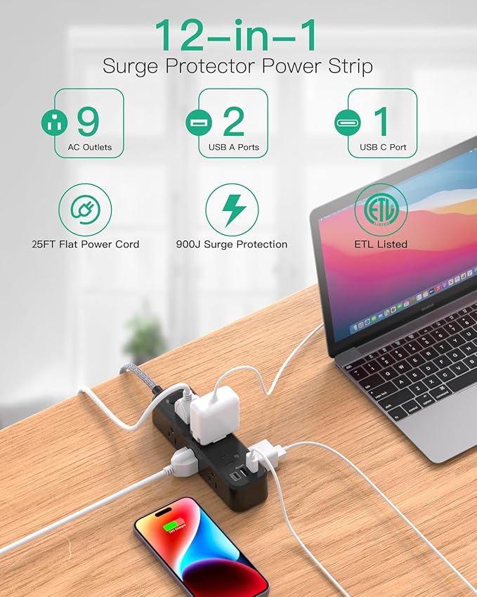 Mifaso Extension Cord, Surge Protector Power Strip, Long Extension Cord with 9 Outlets 3 USB Ports, Extension Cord with Multiple Outlets, USB Power Strip for Dorm Room Essentials, College (25FT,Black)