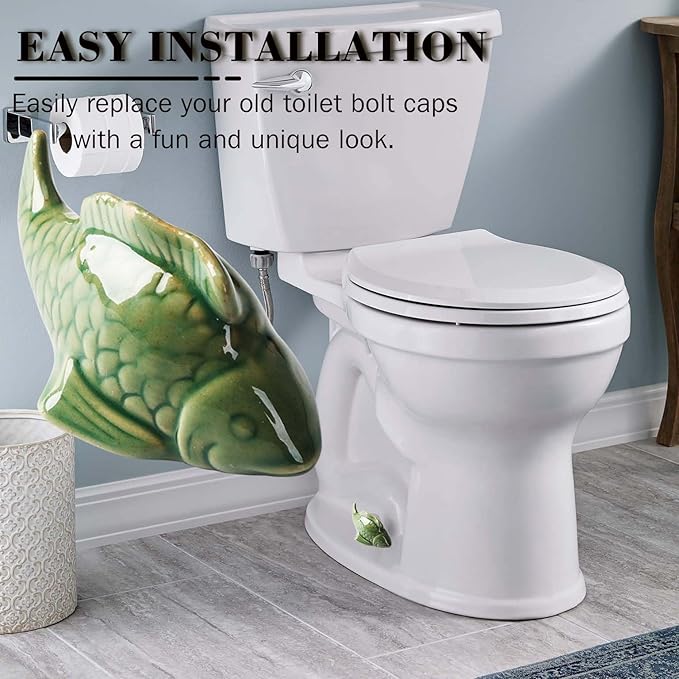 Toilet Bolt Caps, Fish Ceramic Toilet Bolt Caps, Fun and Cute Bathroom Decor for Easy Toilet Installation - Decorative Covers for Toilet Bolts (Green fish 2pcs)