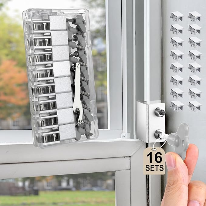 Window Locks, 16 Sets Sliding Window Locks with Key, Easy to Install Vertical & Horizontal Window Security Locks, Adjustable Aluminum Window Stopper Lock (Silver)