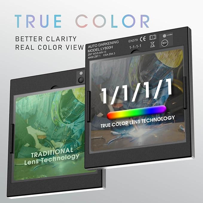 YESWELDER Auto Darkening Welding Helmet with Rechargeable Fan and Light, 3.93"X3.66"Large View 1/1/1/1 True Color 4 Arc Sensor Solar Powered Welding Hood, 3/5-9/9-13 Wide Shade Weld Mask LYG-30800H