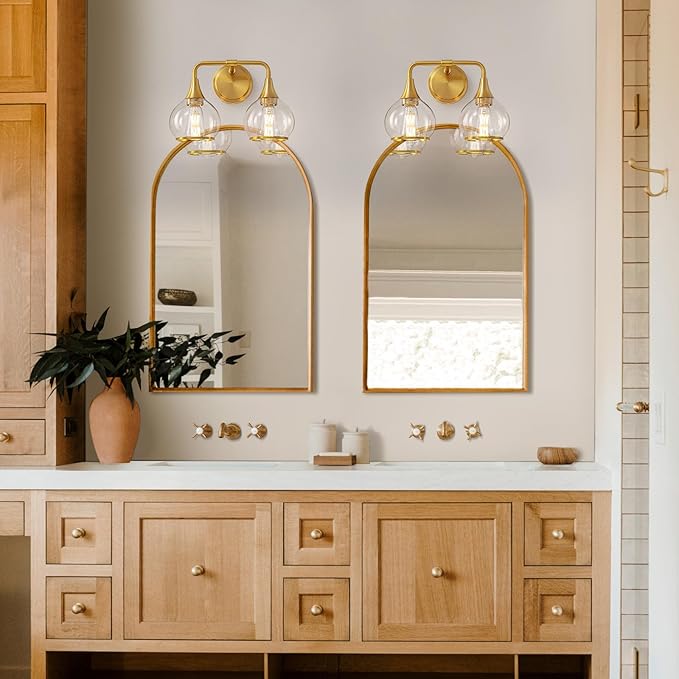 Gold Bathroom Light Fixtures 2-Lights Vanity Lights with Clear Glass Shade Bathroom Vanity Light 14 Inch Wall Sconces(Exclude E26 Bulb)…