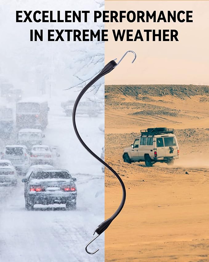 15'' Rubber Bungee Cords Heavy Duty Outdoor with 27" Max Stretch & Over 176 lbs Load, 100% EPDM Black Bungee Straps with Crimped S Hooks for Cargo, Tarps, Truck, Motorcycle, Weatherproof (50 Pack)