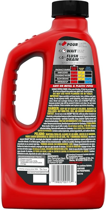 Drano Max Gel Drain Clog Remover and Cleaner for Shower or Sink Drains, Unclogs and Removes Hair, Soap Scum, Blockages, 32 oz