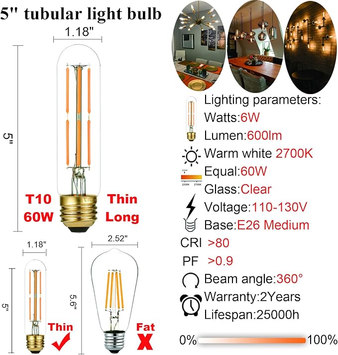 LiteHistory Dimmable E26 Edison Bulb 6W Equal 60 watt Light Bulb AC120V Warm White 2700K Edison Light Bulbs 60 Watt 600LM Tubular T10 led Bulb for Rustic Pendant,Chandeliers,Wall sconces,Vanity 6Pack