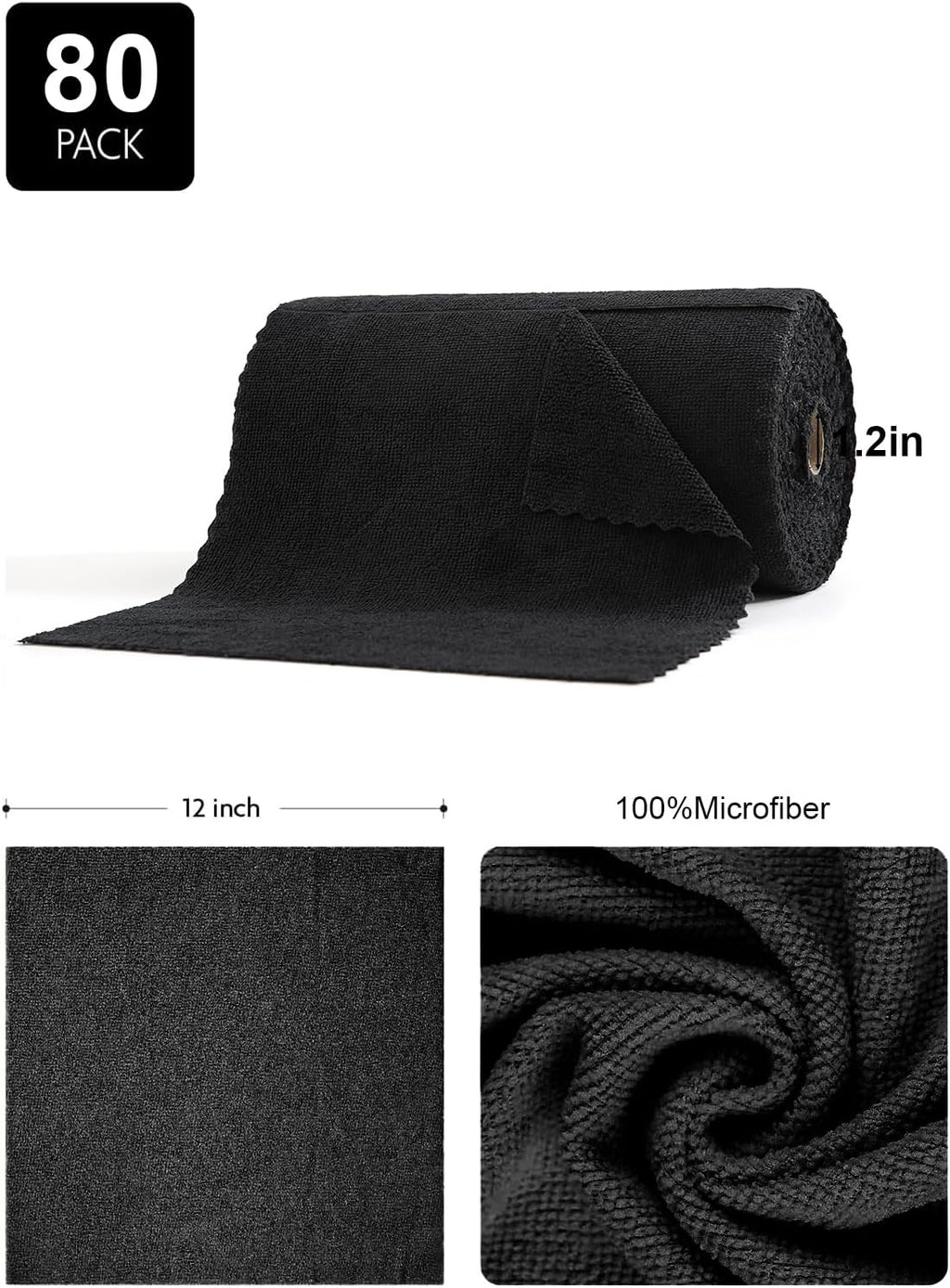 80 Pack Microfiber Cleaning Cloth Roll,Lint Free Rags & Tear Away Reusable Towels Washable Scratch,Ultra Absorbent Dish Rags(12" x 12") for Car Kitchen Home Garage-Black