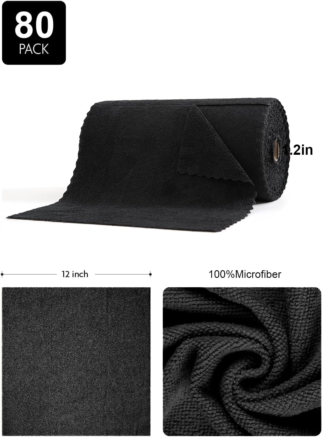 80 Pack Microfiber Cleaning Cloth Roll,Lint Free Rags & Tear Away Reusable Towels Washable Scratch,Ultra Absorbent Dish Rags(12" x 12") for Car Kitchen Home Garage-Black