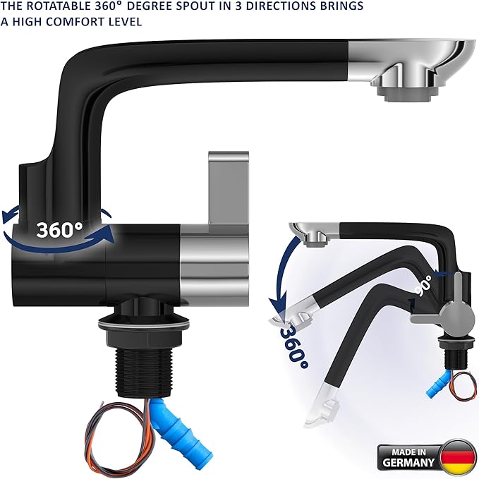 12V Faucet with Switch – German Made 1.5 BAR | Cold Water RV Sink Electric Faucet 360° Swivel Spout, 6A | for Camper Vans, Trailers, Marine Use | Single Hole – 12V Pump Compatible (Black)