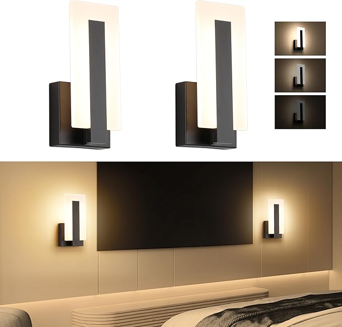 Joosenhouse Modern LED Wall Sconce Dimmable Wall Mounted Lamp Set of 2, Black 3000K Warm White Wall Lamp, Hardwired Bathroom Vanity Light, Indoor Wall Lights for Hallway, Bedroom, Study, Living Room.