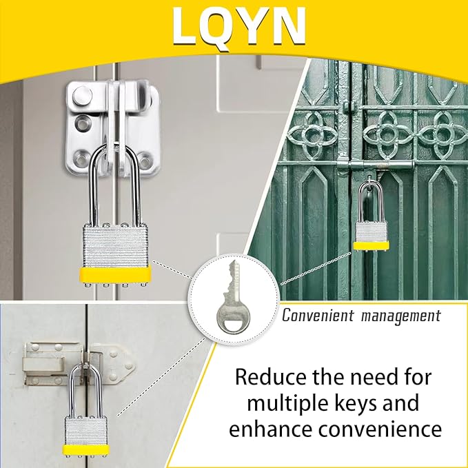 Padlocks with Same Key, LQYN 6 Pcs Laminated Keyed Padlock (1-9/16", 40mm), Keyed Alike Locks, Long Shackle, for Storage Locker, Hasp Latch, Toolbox, Sheds