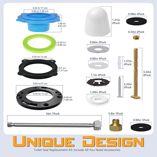 Toilet Flange Repair Kit with Wax-Free Seal – Extra-Long 3.22” Brass Bolts, Dual Spacers & Complete Hardware, Bonus 16” Stainless Steel Hose – Universal Toilet Seal Replacement Kit for 3”/4” Drains
