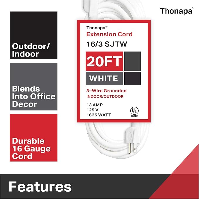 20 Ft Outdoor & Indoor Extension Cord - 16/3 SJTW Weatherproof Water Resistant White Electrical Cable with 3 Prong Grounded Plug - Great for Home Office