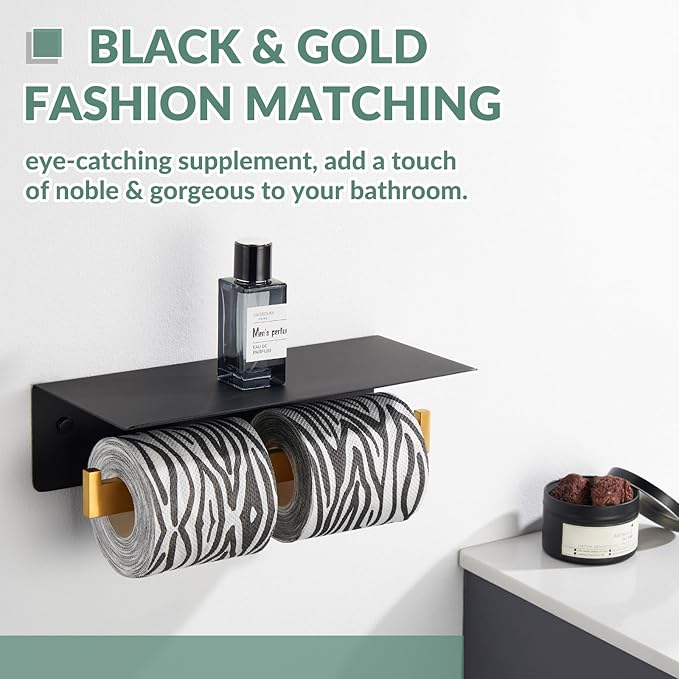 APLusee Double Toilet Paper Holder with Phone Shelf, 304 Stainless Steel Bathroom Tissue Hanger, Wall Mounted Dual Roll Paper Dispenser, Black & Gold