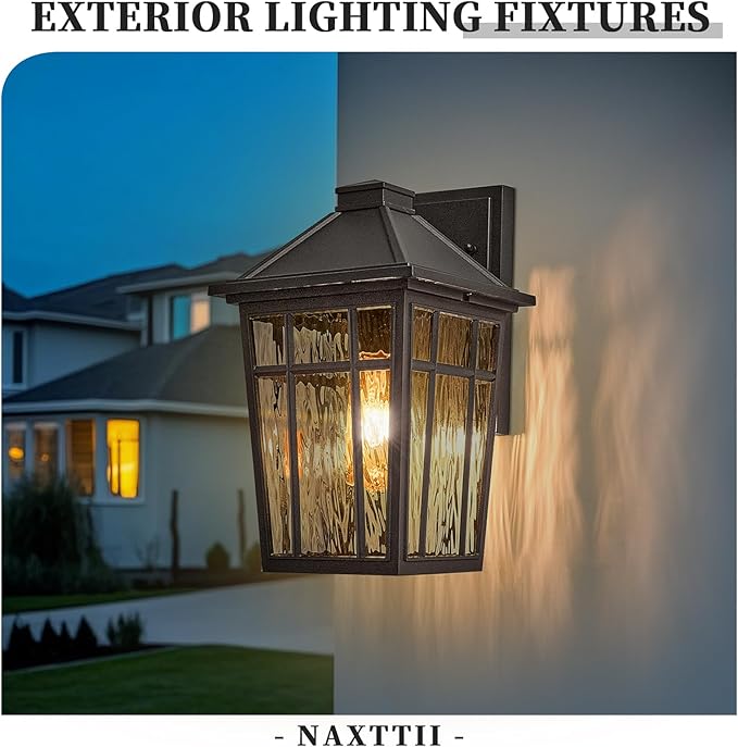 Outdoor Wall Lamps 11 Inch Outside Light Fixtures for House Black Aluminum Exterior Wall Sconce with Water Ripple Glass for Patio Porch and Garage E26 Socke Max 60W