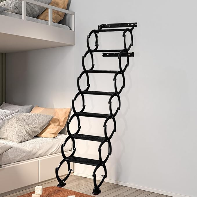 7 Steps Wall Mounted Attic Ladder, Indoor Attic Stairs Pull Down System, Metal Telescoping Step Ladders, Anti-slip Retractable Folding Stair, Loft Extension Steps Staircase for Garages(black, 7 Steps)
